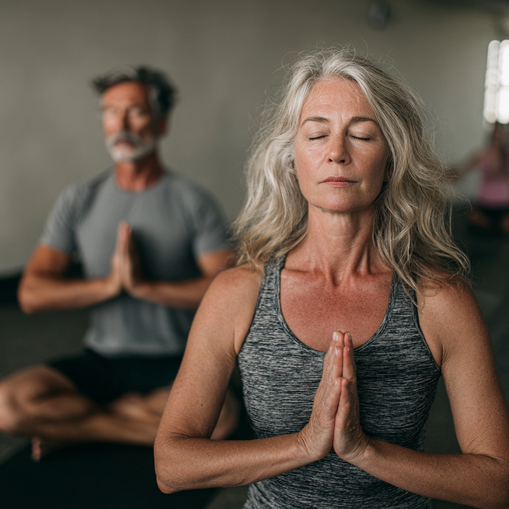 Mature adults practicing gentle yoga poses in serene studio environment